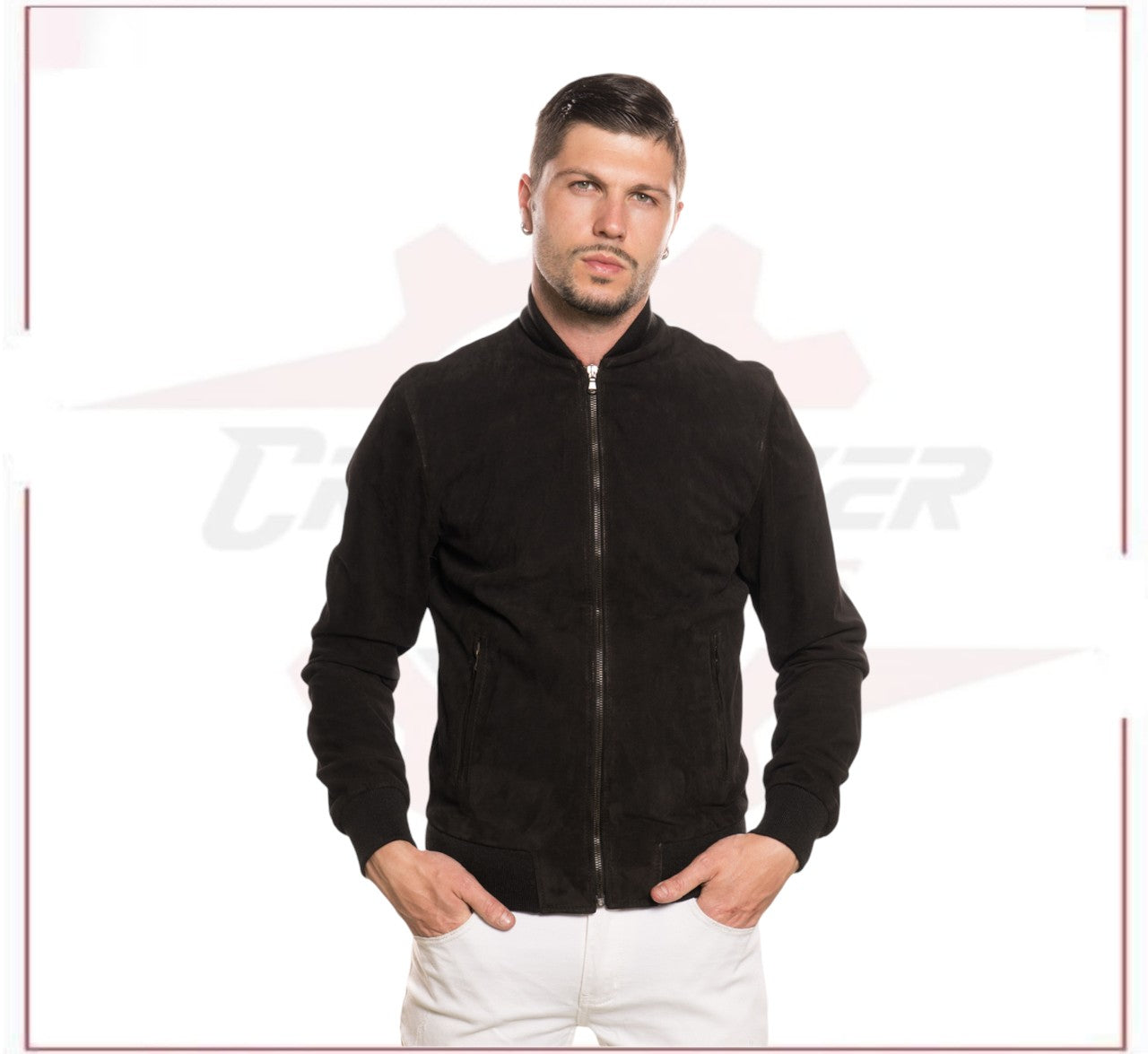 David - Men's Bomber Jacket in Genuine Black Suede Leather CROSSOVER RACEWEARS