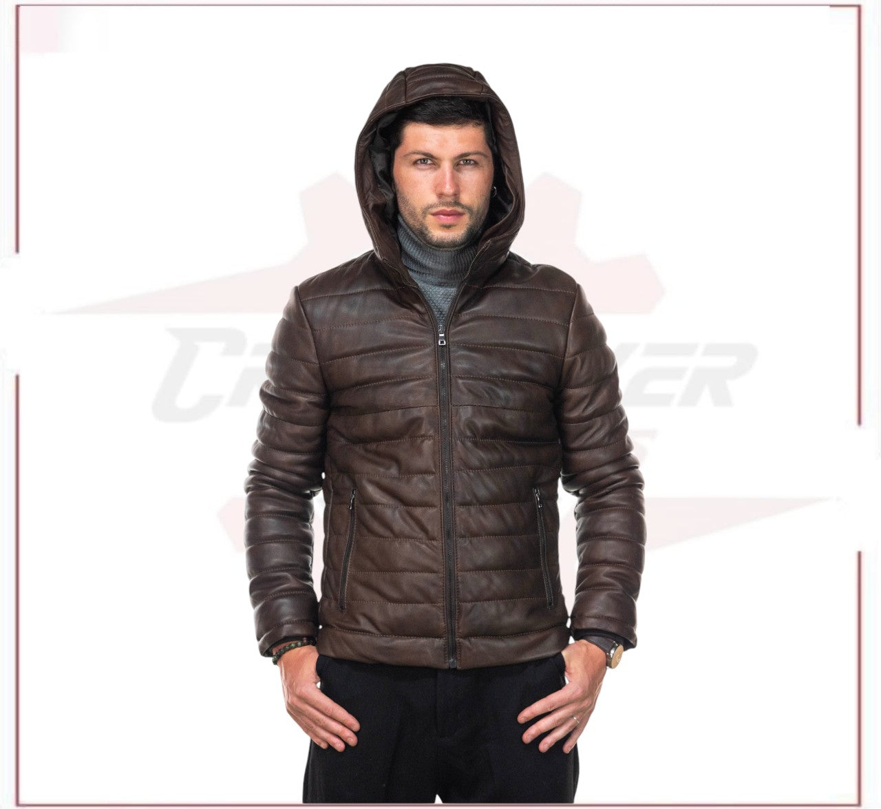 Rio - Men's Down Jacket in Genuine Dark Brown Leather CROSSOVER RACEWEARS