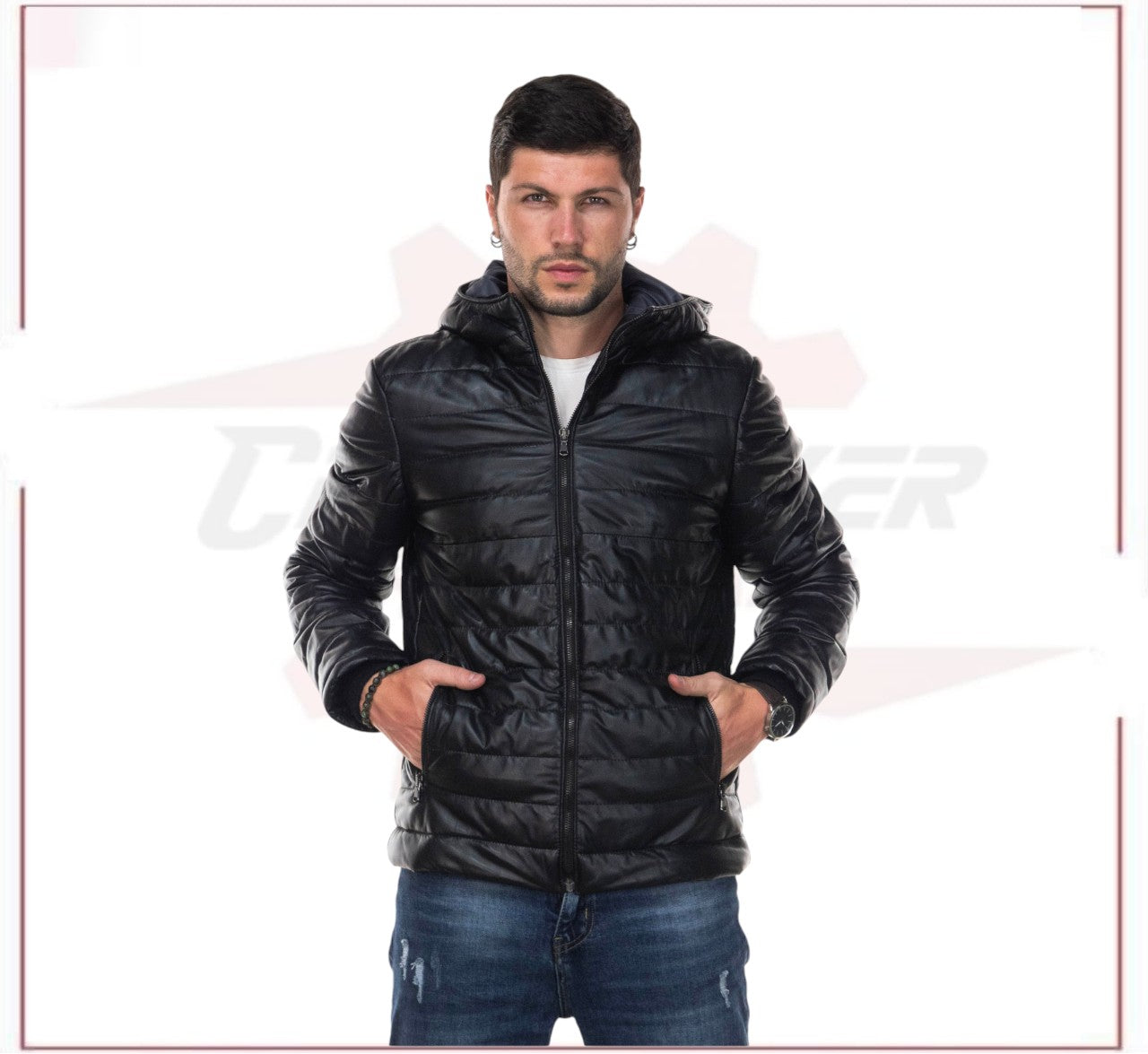 Rio - Men's Down Jacket in Genuine Black Leather CROSSOVER RACEWEARS