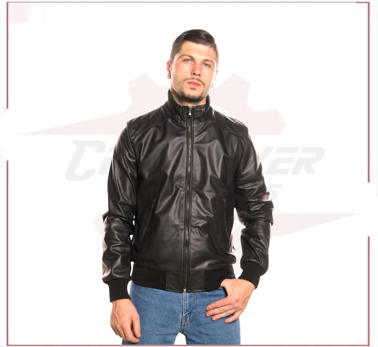 Men's Bomber in Genuine Black Leather CROSSOVER RACEWEARS