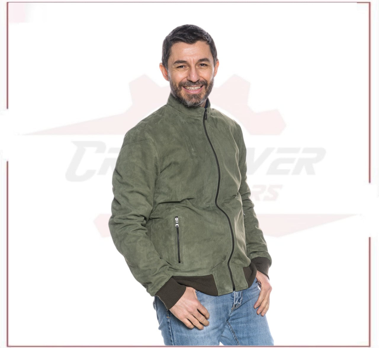 Victor - Men's Bomber Jacket in Genuine Green Suede Leather CROSSOVER RACEWEARS