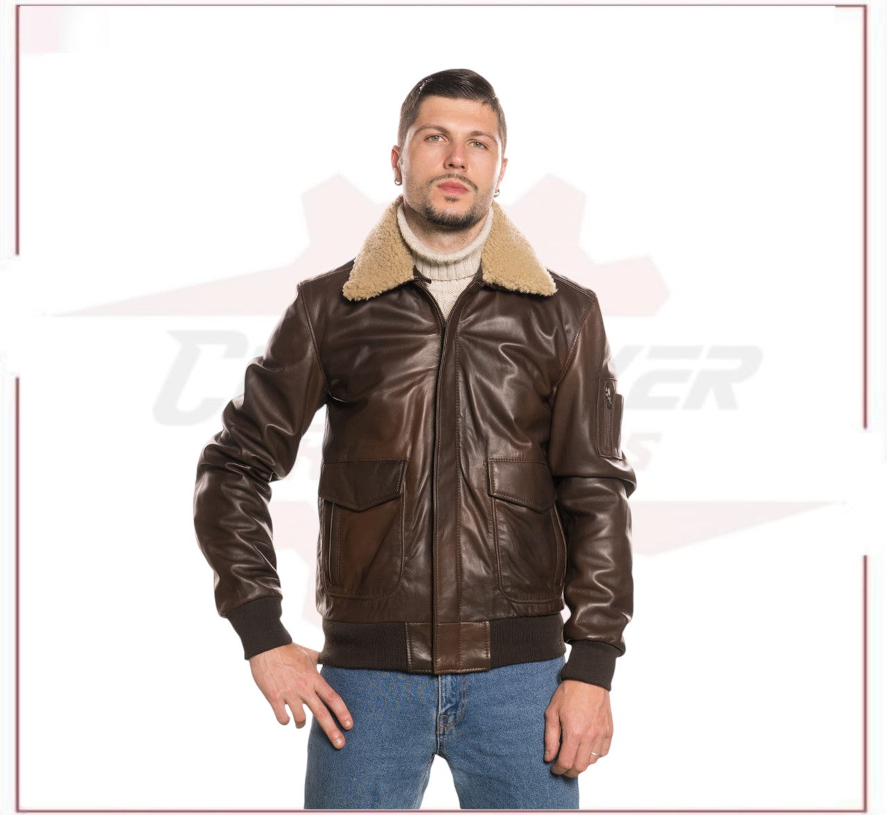 Pilota - Men's Bomber Jacket in Genuine Dark Brown Leather with Real Brown Shearling Collar CROSSOVER RACEWEARS