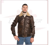 Pilota - Men's Bomber Jacket in Genuine Dark Brown Leather with Real Brown Shearling Collar CROSSOVER RACEWEARS