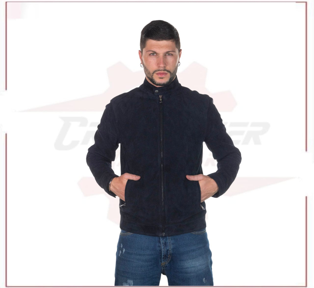 U010 - Men's Jacket in Genuine Blue Suede Leather CROSSOVER RACEWEARS
