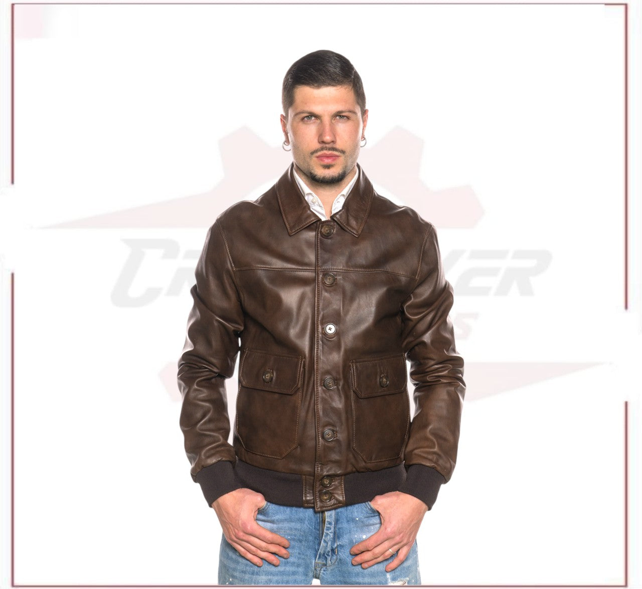U03 - Men's Bomber Jacket in Genuine Dark Brown Leather CROSSOVER RACEWEARS