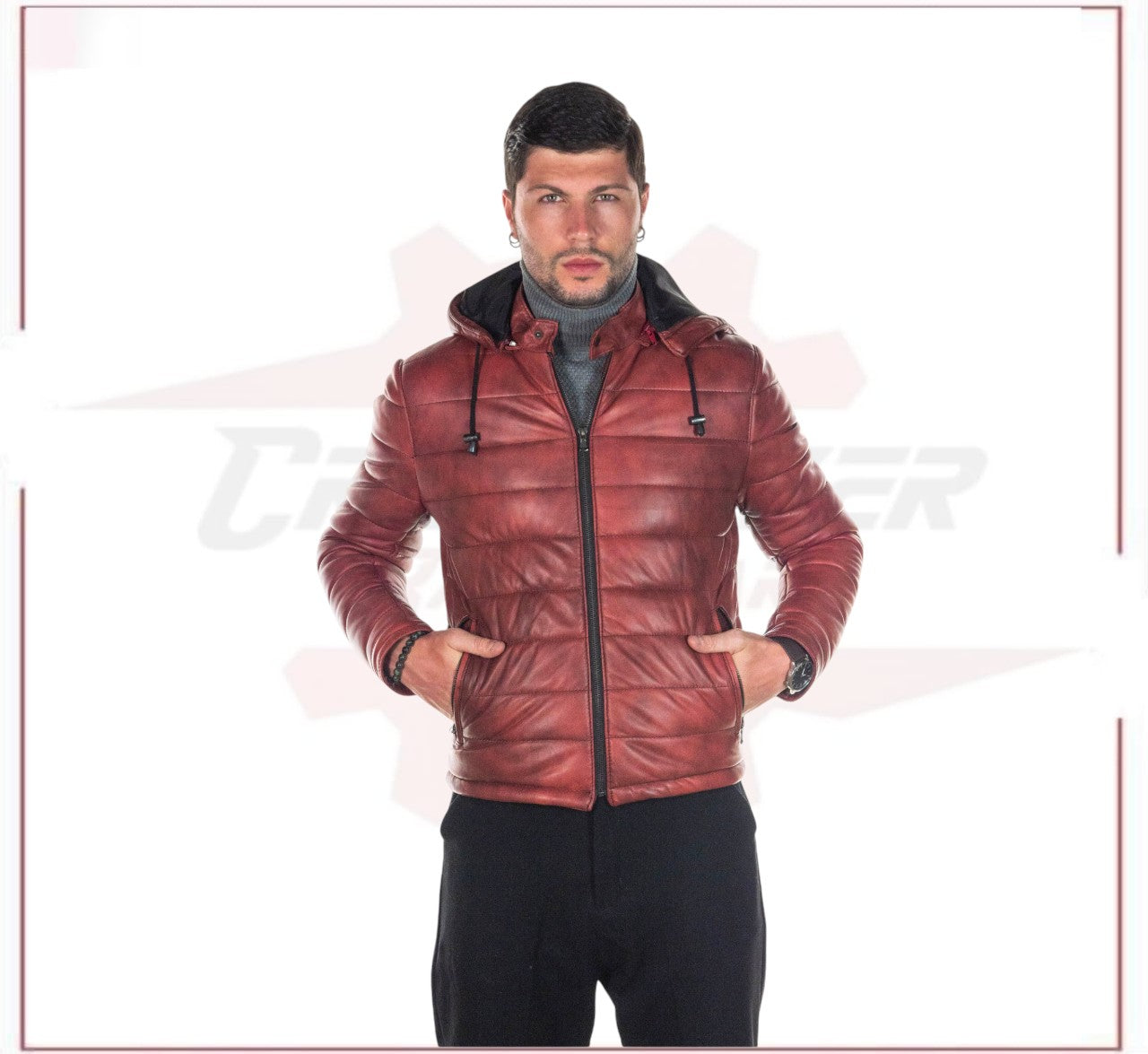 Berlino - Men's Down Jacket in Genuine Bordeaux Leather CROSSOVER RACEWEARS