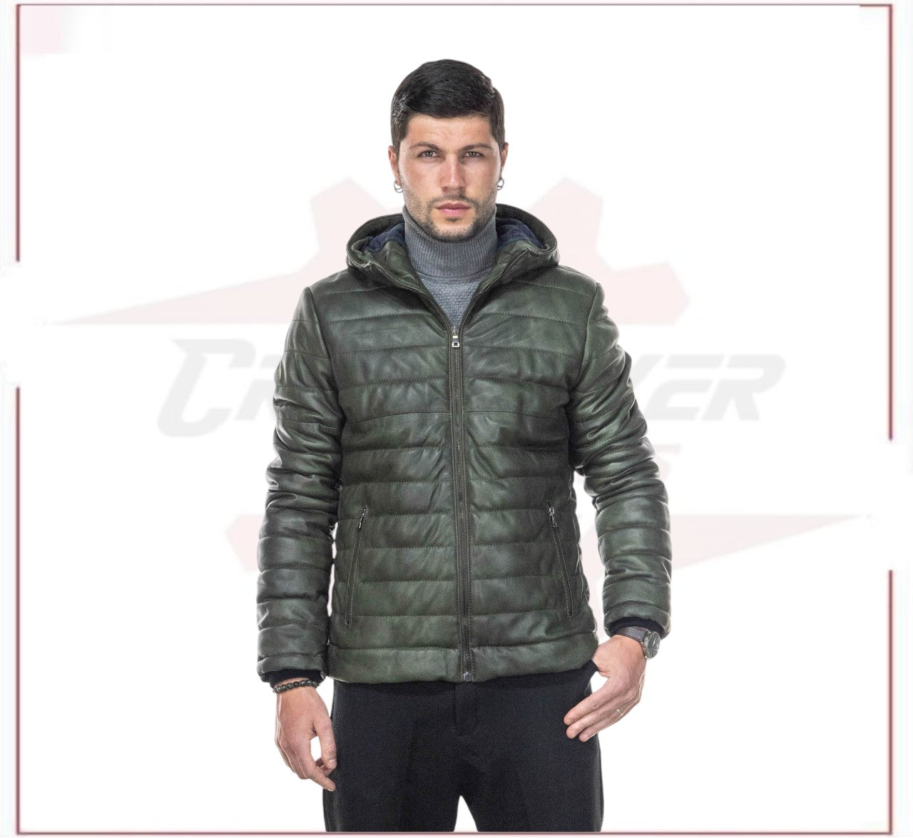 Rio - Men's Down Jacket in Genuine Green Leather CROSSOVER RACEWEARS