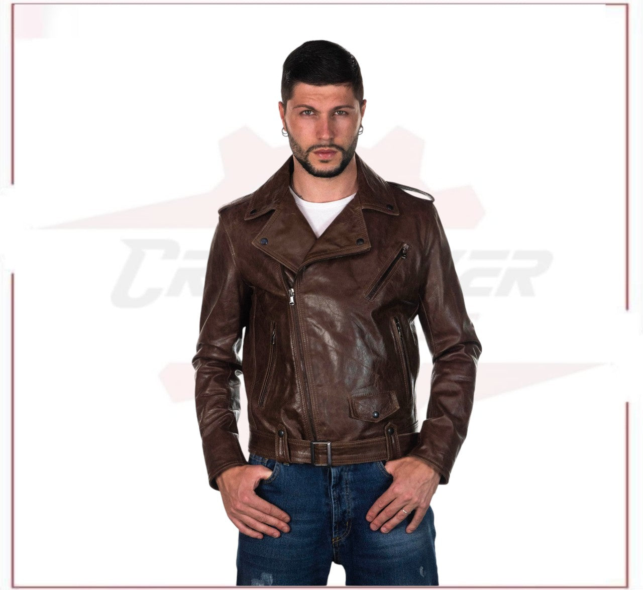 Men's Jacket in Genuine Dark Brown Oil Vintage Leather CROSSOVER RACEWEARS