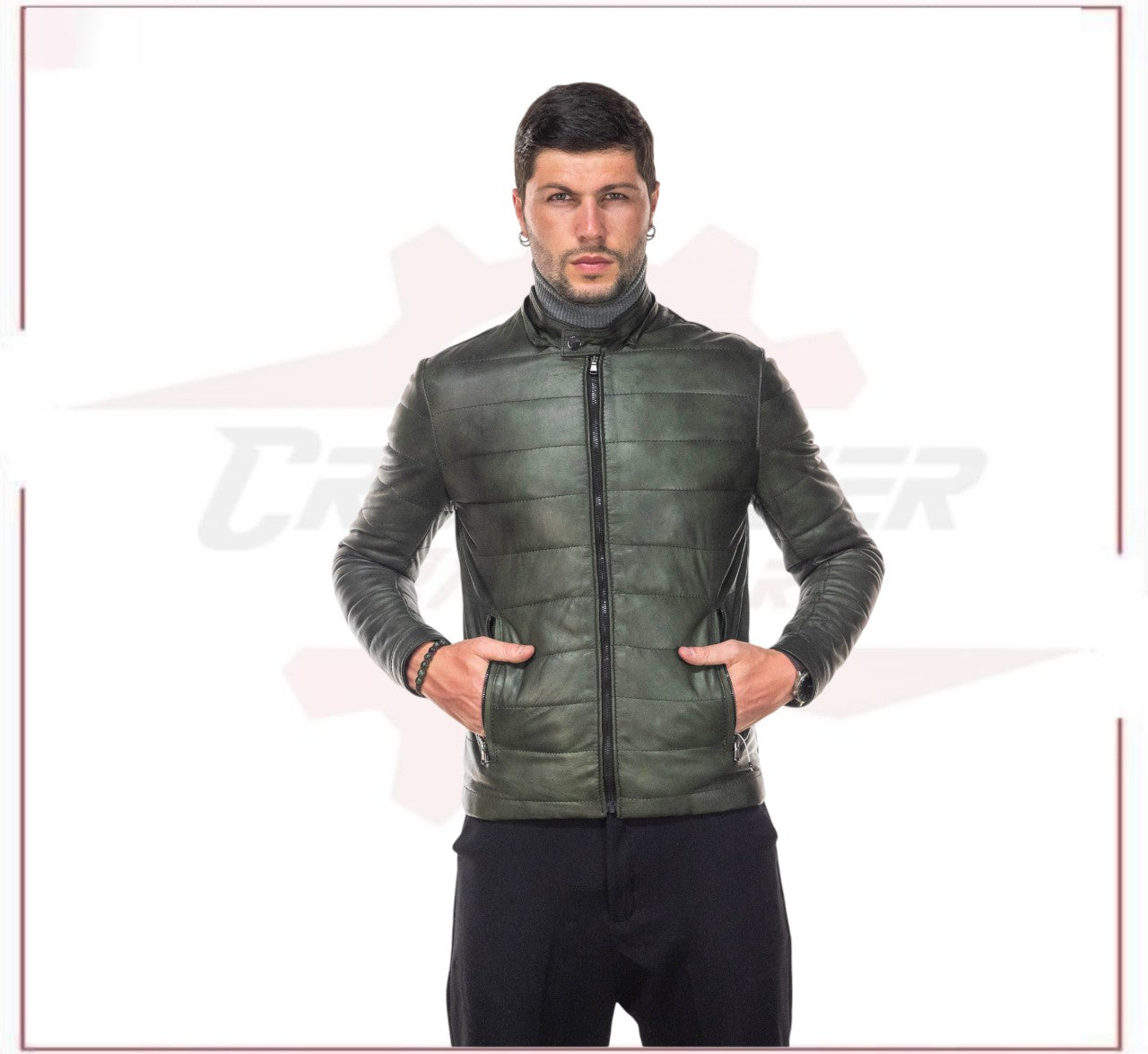 Berlino - Men's Down Jacket in Genuine Green Leather CROSSOVER RACEWEARS