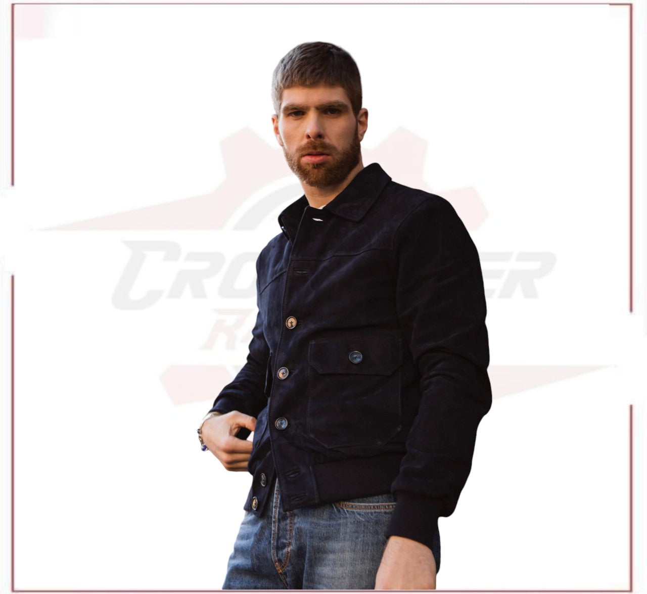 U03 - Men's Bomber Jacket in Genuine Blue Suede Leather CROSSOVER RACEWEARS