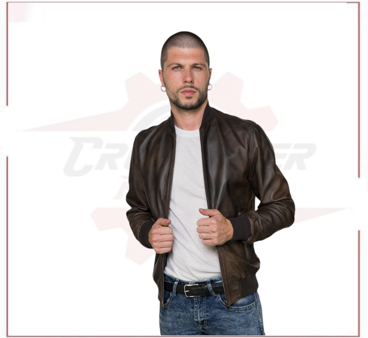 Men's Bomber Jacket in Genuine Dark Brown Leather CROSSOVER RACEWEARS