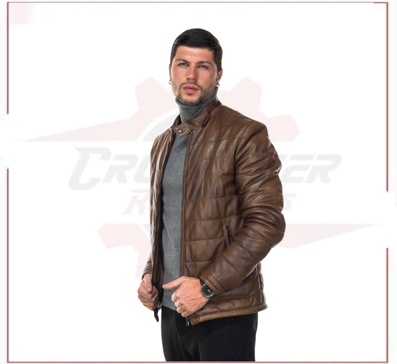 Berlino - Men's Down Jacket in Genuine Brown Leather CROSSOVER RACEWEARS