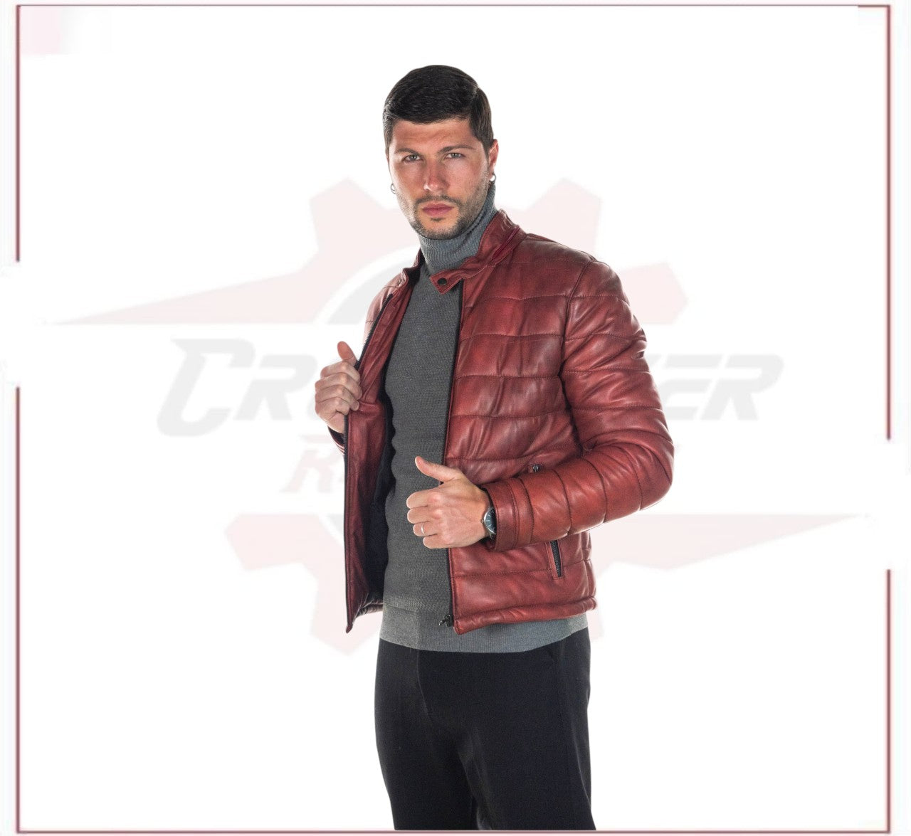 Berlino - Men's Down Jacket in Genuine Bordeaux Leather CROSSOVER RACEWEARS