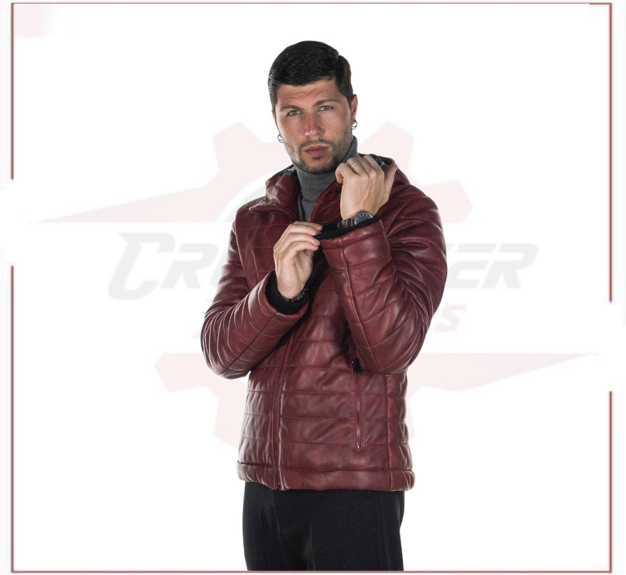 Rio - Men's Down Jacket in Genuine Bordeaux Leather CROSSOVER RACEWEARS