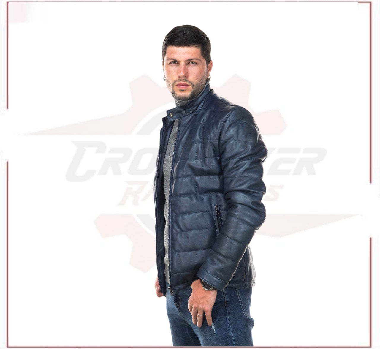 Berlino - Men's Down Jacket in Genuine Blue Leather CROSSOVER RACEWEARS