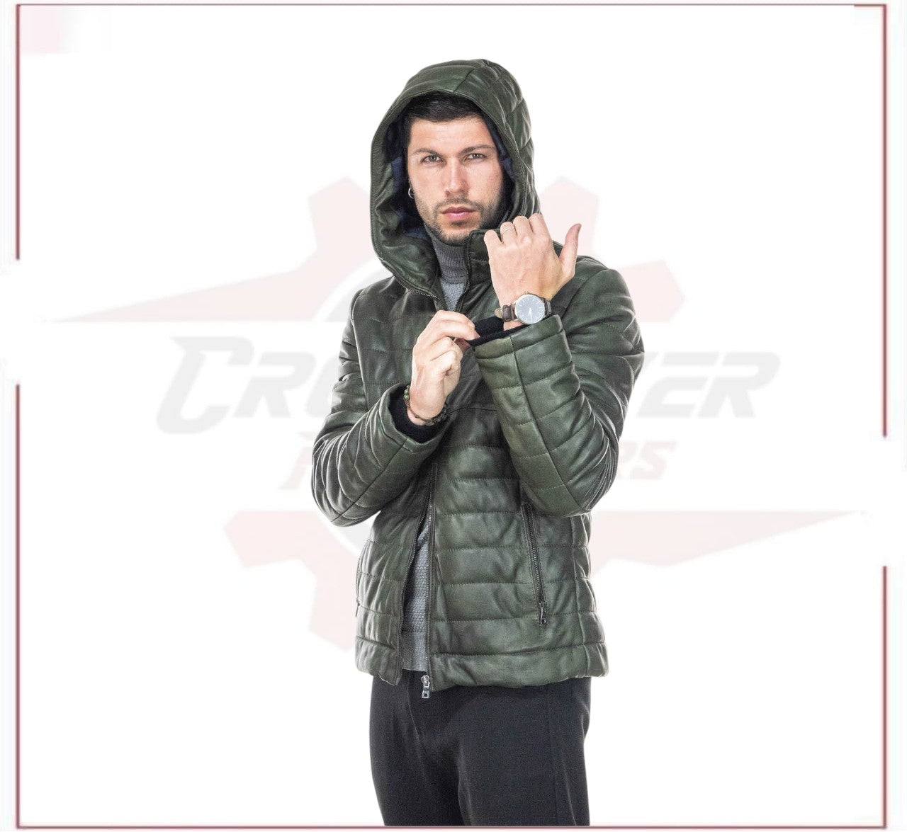Rio - Men's Down Jacket in Genuine Green Leather CROSSOVER RACEWEARS