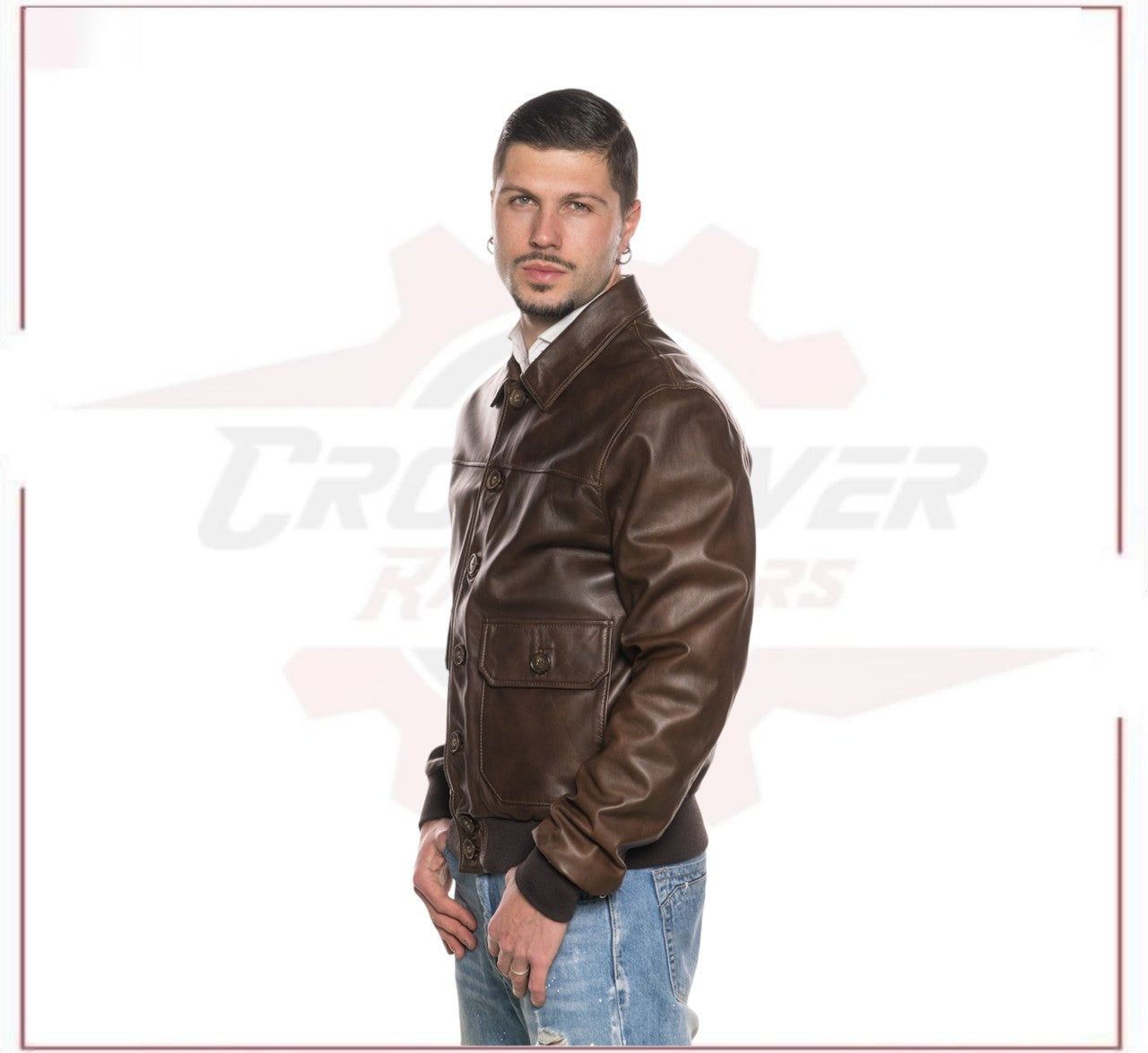 U03 - Men's Bomber Jacket in Genuine Dark Brown Leather CROSSOVER RACEWEARS