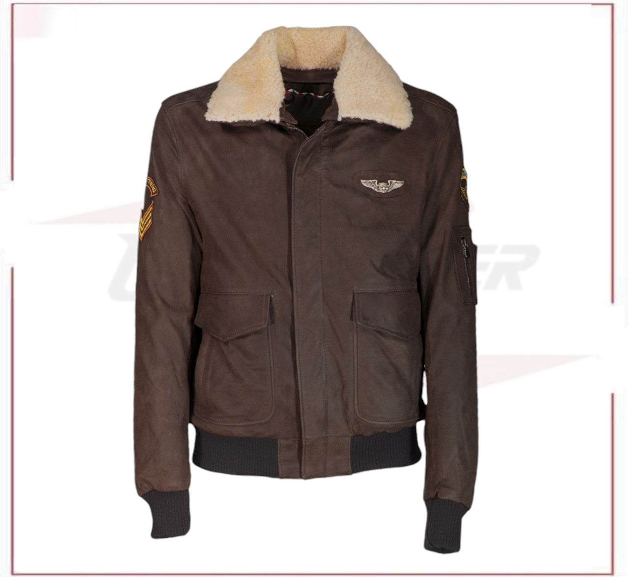 Men's Bomber Jacket in Genuine Dark Brown Nabuk Leather with Shearling Collar CROSSOVER RACEWEARS