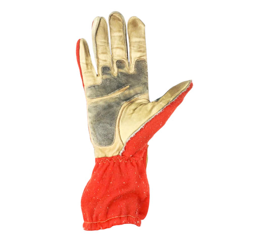 Glove with red palm and gold wristband on a white background