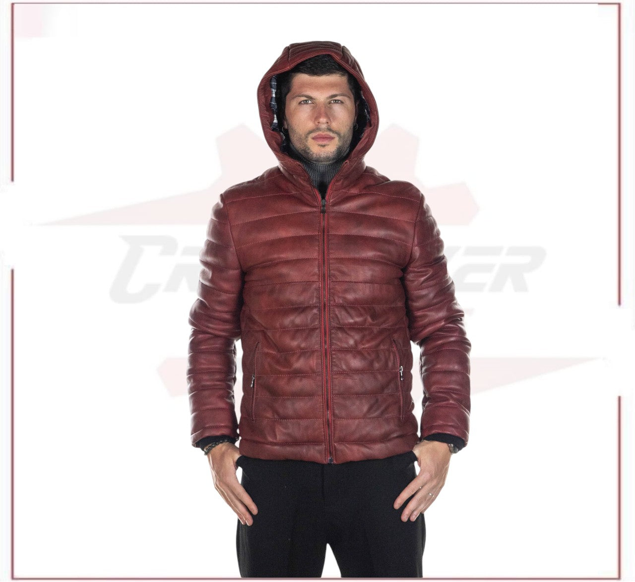 Rio - Men's Down Jacket in Genuine Bordeaux Leather CROSSOVER RACEWEARS