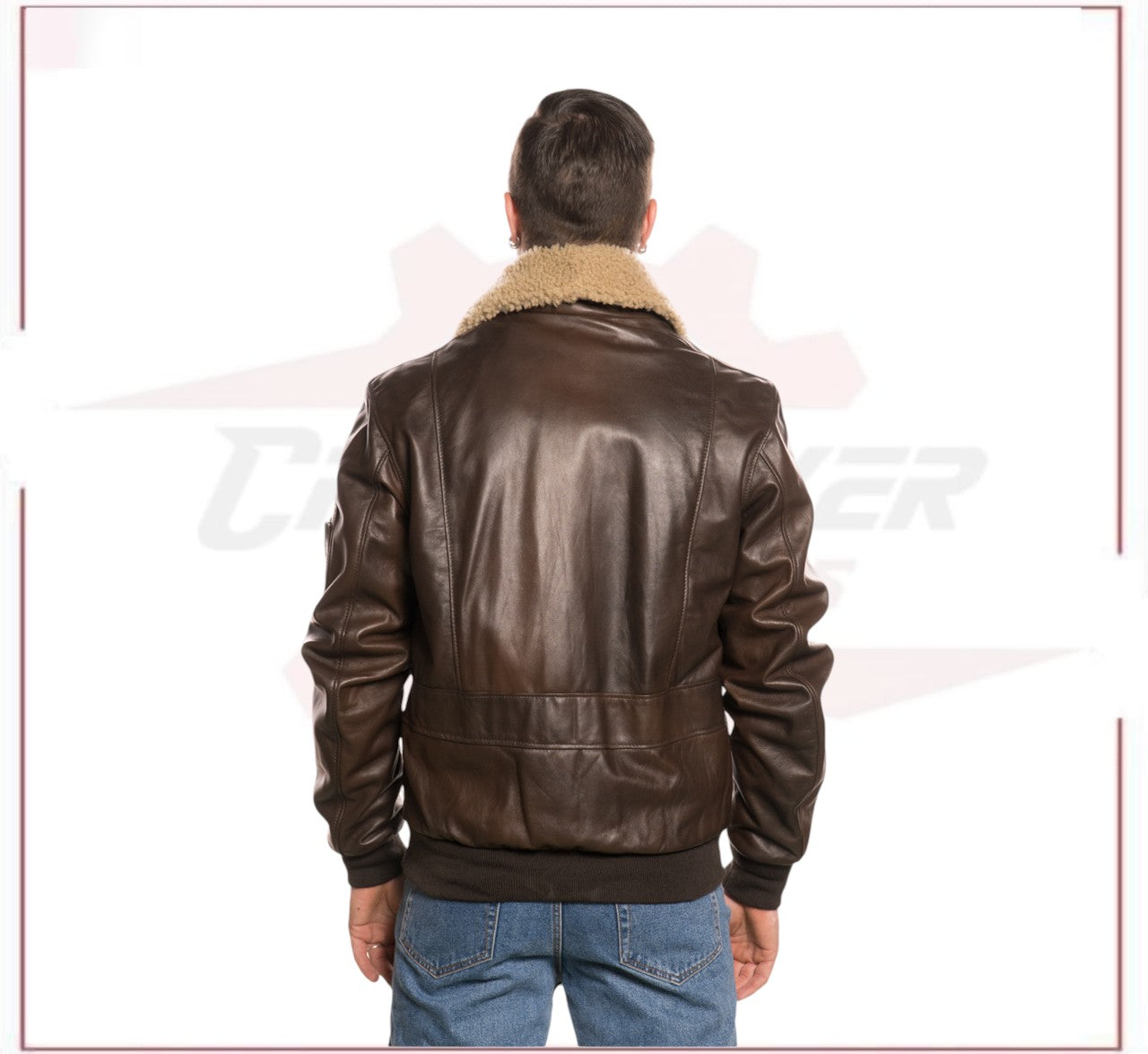 Pilota - Men's Bomber Jacket in Genuine Dark Brown Leather with Real Brown Shearling Collar CROSSOVER RACEWEARS