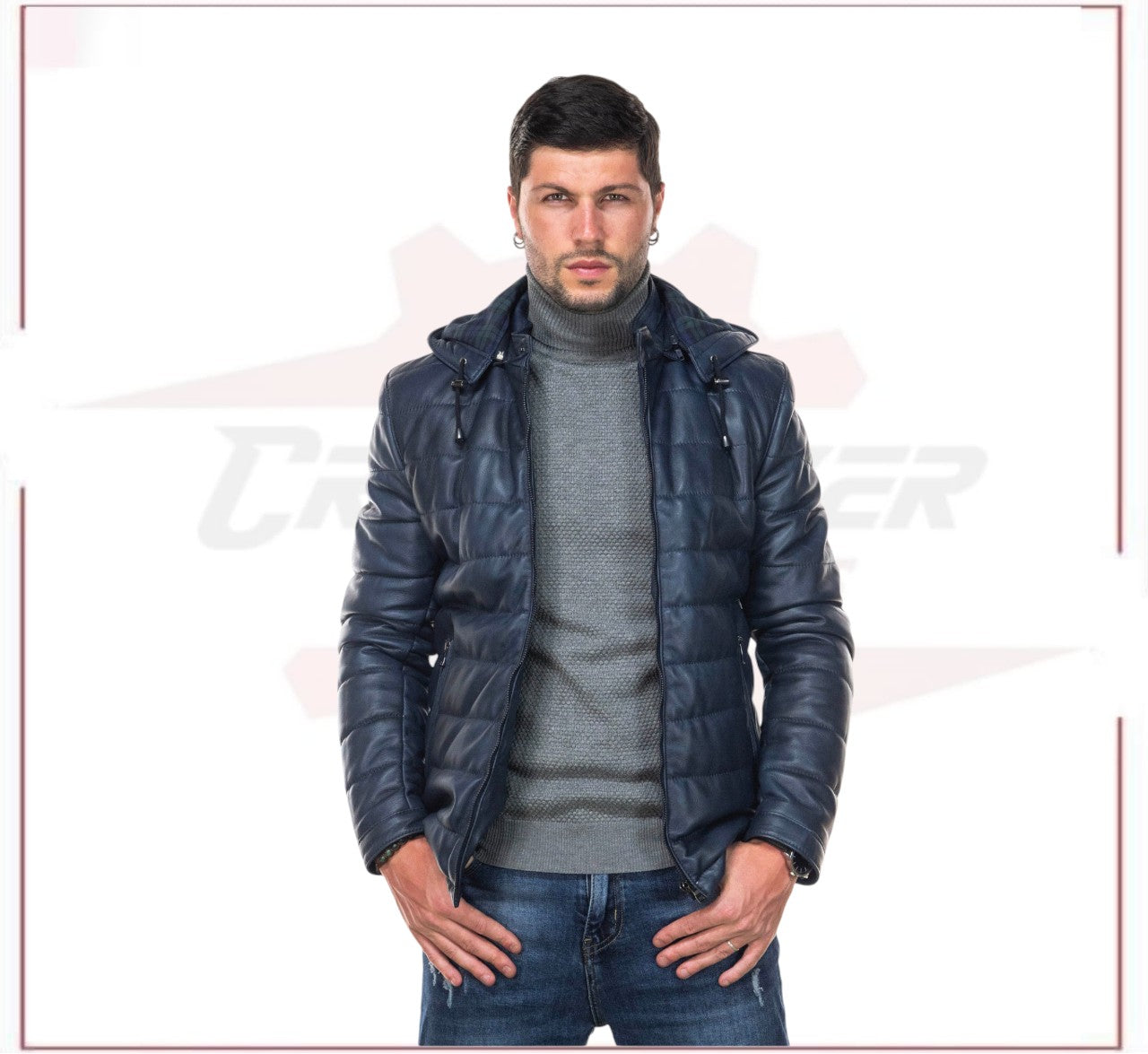 Berlino - Men's Down Jacket in Genuine Blue Leather CROSSOVER RACEWEARS