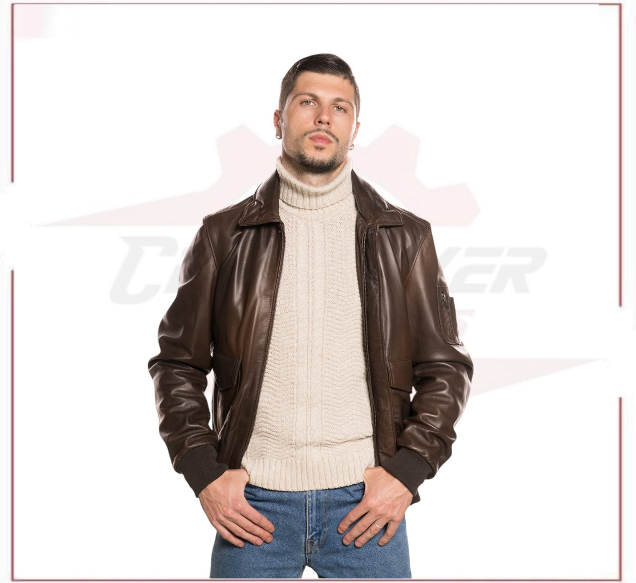 Men's Bomber Jacket in Genuine Dark Brown Leather CROSSOVER RACEWEARS