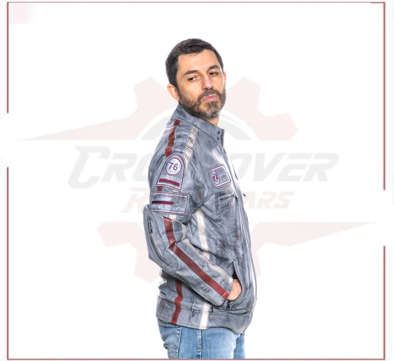 New Biker Man's Jacket in genuine Gray Leather CROSSOVER RACEWEARS