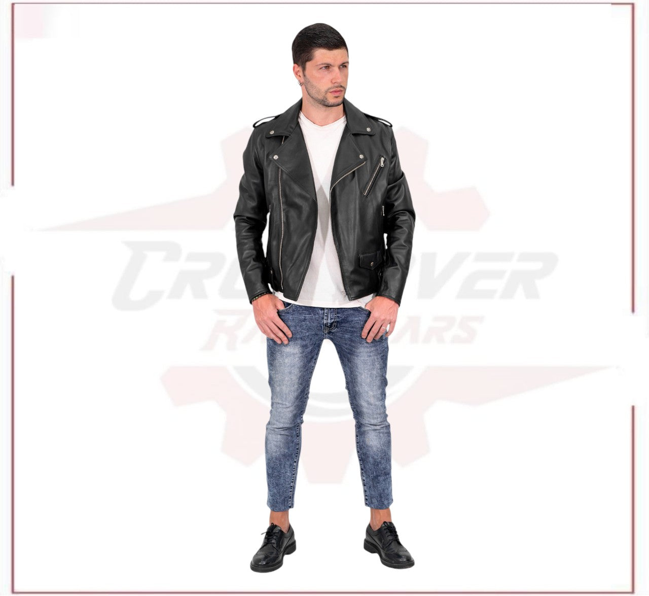 Men's jacket in Genuine Black Leather and Silver Zippers CROSSOVER RACEWEARS
