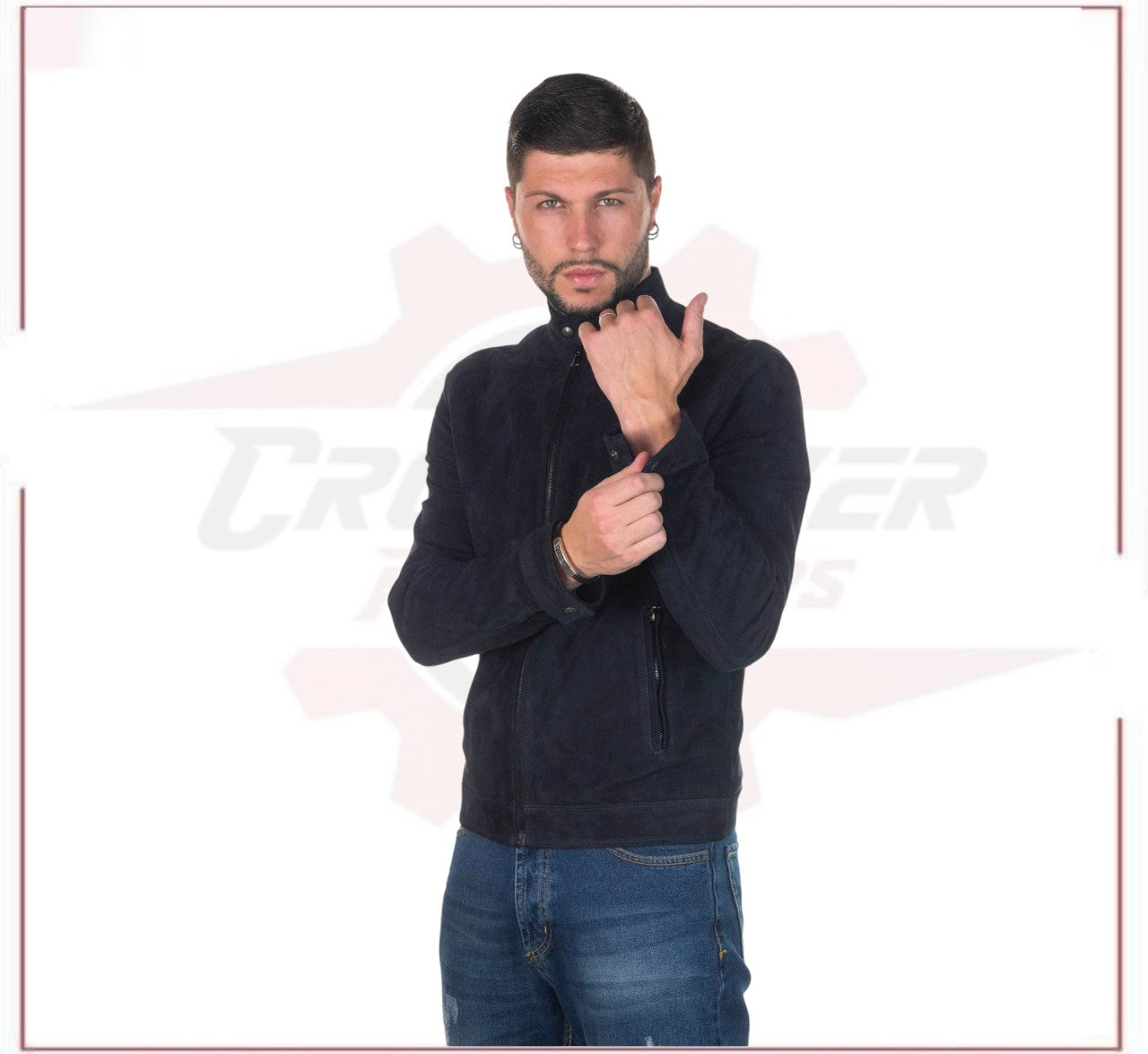 U010 - Men's Jacket in Genuine Blue Suede Leather CROSSOVER RACEWEARS