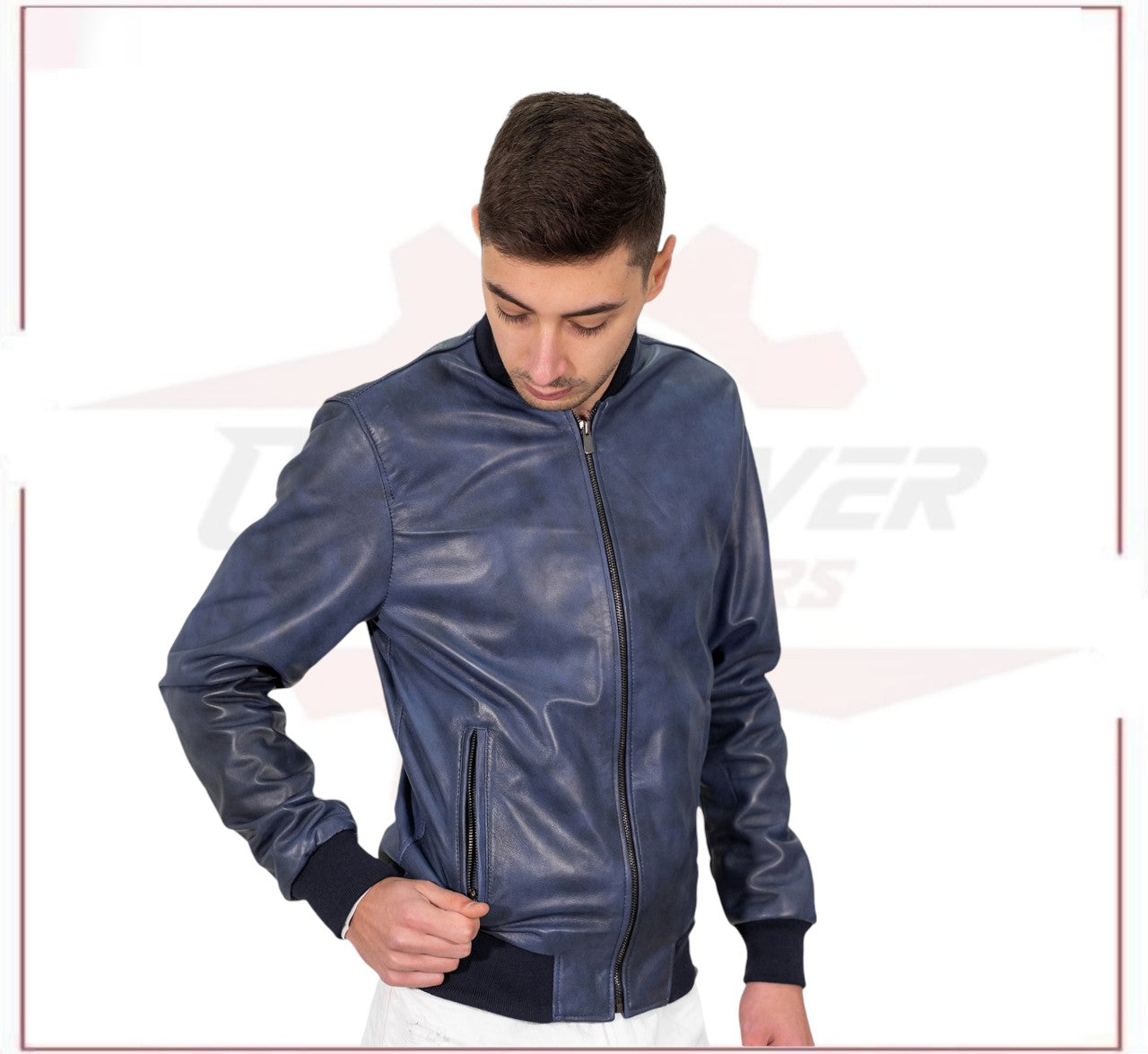 David - Men's Bomber Jacket Blue Genuine Leather Man CROSSOVER RACEWEARS