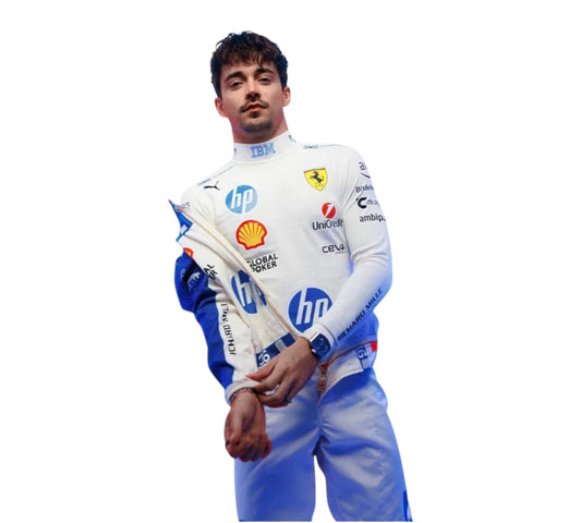 Person in a racing suit with sponsor logos on a white background