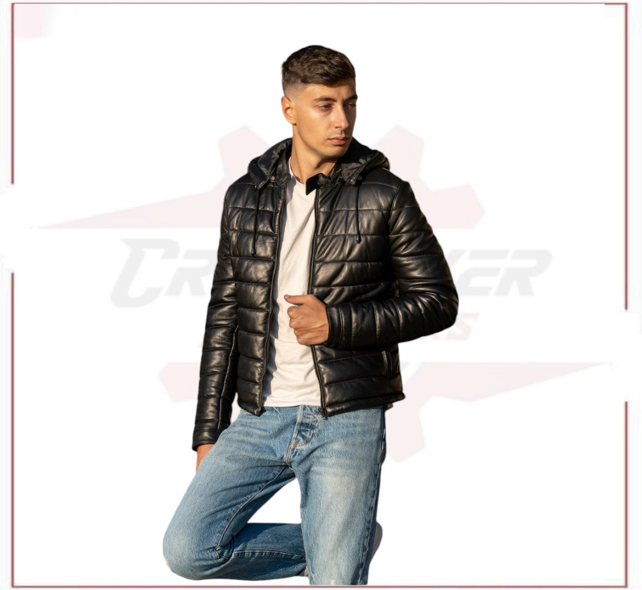 Berlino - Men's Down Jacket in Genuine Black Leather CROSSOVER RACEWEARS