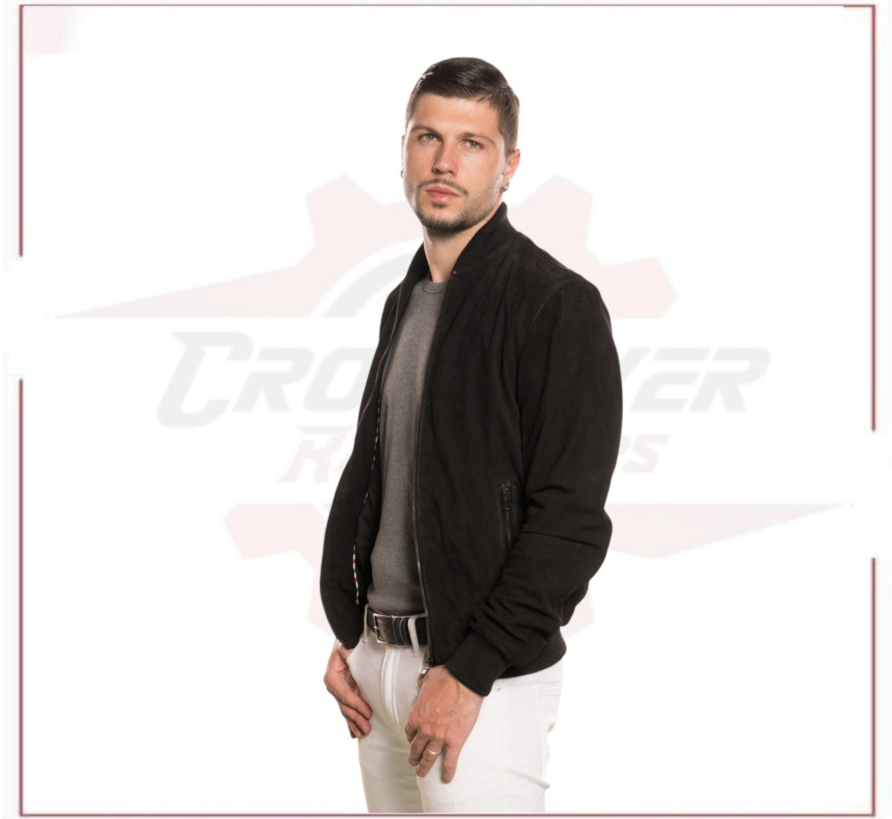 David - Men's Bomber Jacket in Genuine Black Suede Leather CROSSOVER RACEWEARS