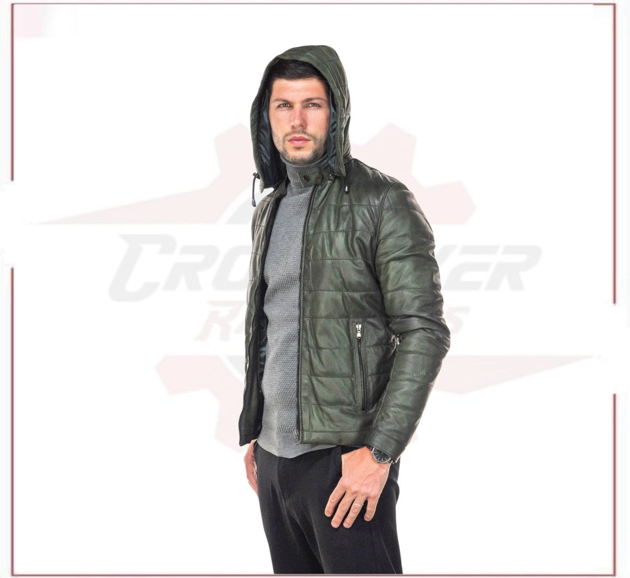 Berlino - Men's Down Jacket in Genuine Green Leather CROSSOVER RACEWEARS