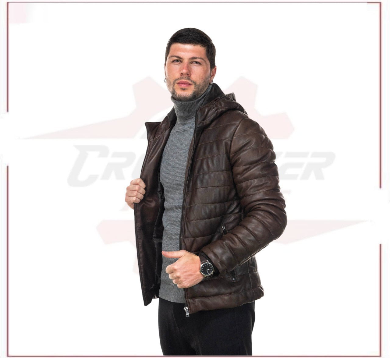 Rio - Men's Down Jacket in Genuine Dark Brown Leather CROSSOVER RACEWEARS