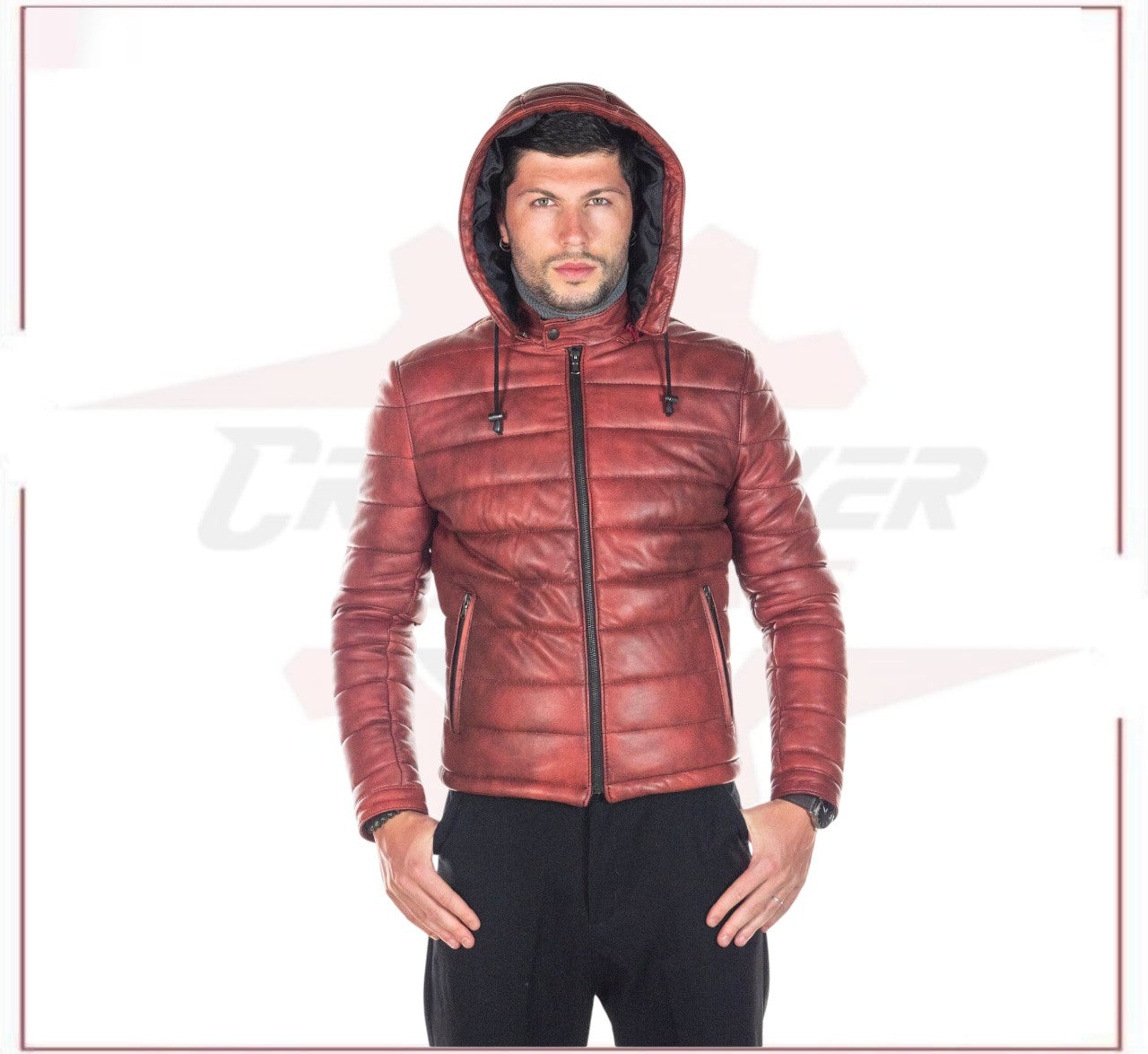 Berlino - Men's Down Jacket in Genuine Bordeaux Leather CROSSOVER RACEWEARS