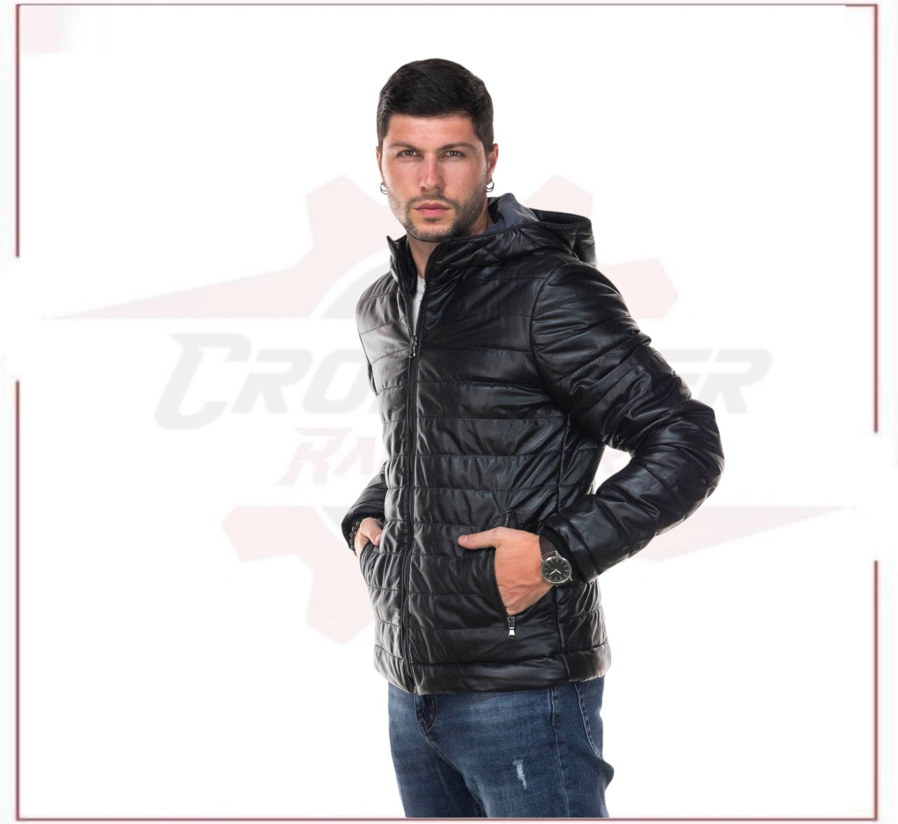 Rio - Men's Down Jacket in Genuine Black Leather CROSSOVER RACEWEARS