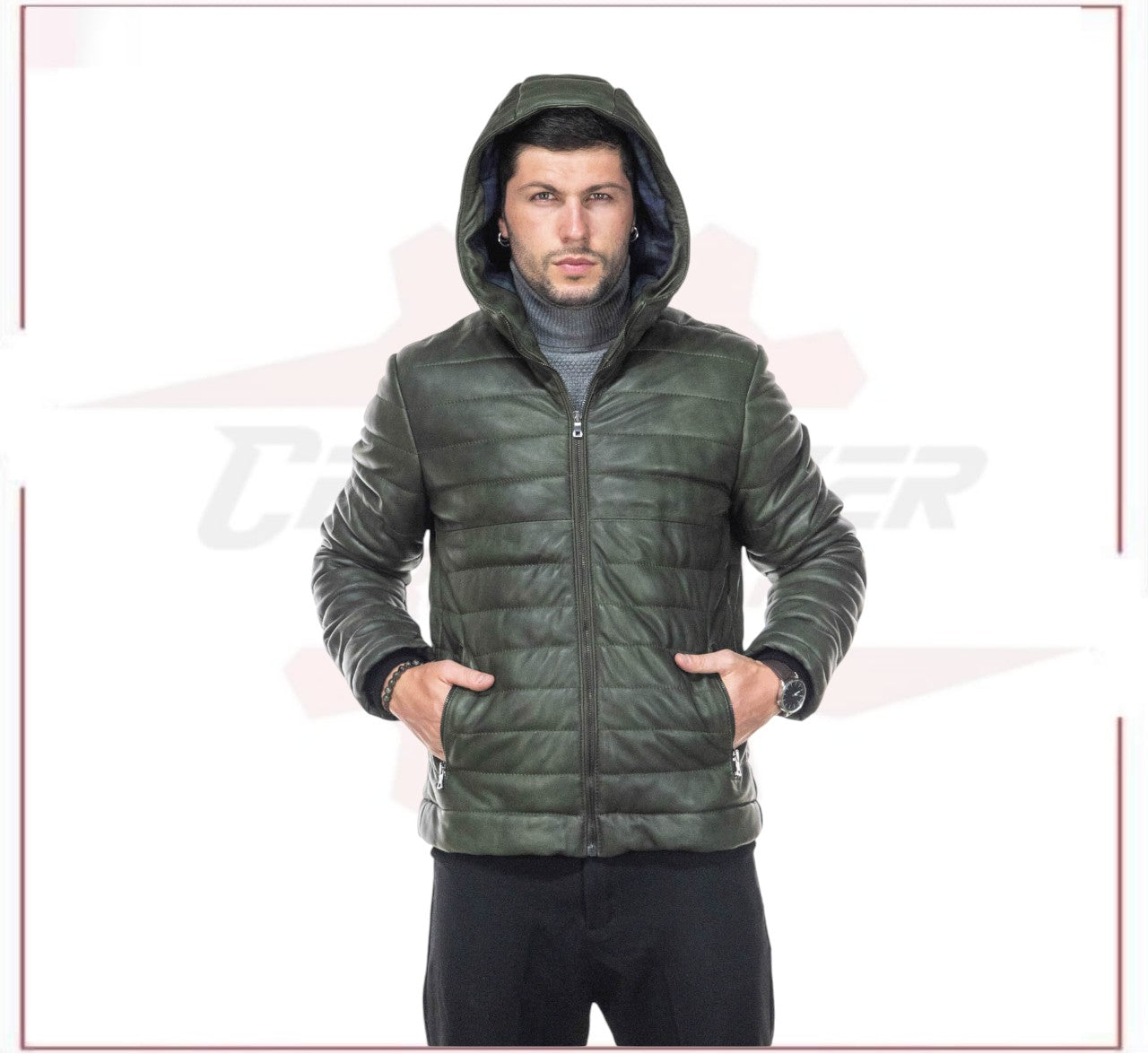 Rio - Men's Down Jacket in Genuine Green Leather CROSSOVER RACEWEARS
