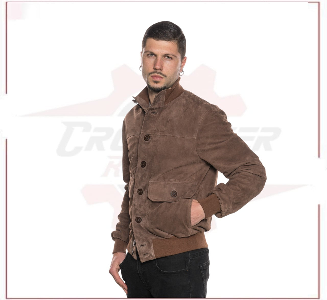 U03 Bis - Men's Bomber Jacket in Genuine Brown Suede Leather CROSSOVER RACEWEARS