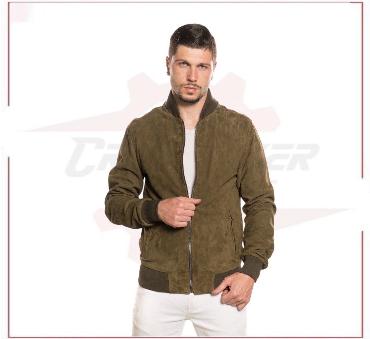 David - Men's Bomber Jacket in Genuine Light Green Suede Leather CROSSOVER RACEWEARS