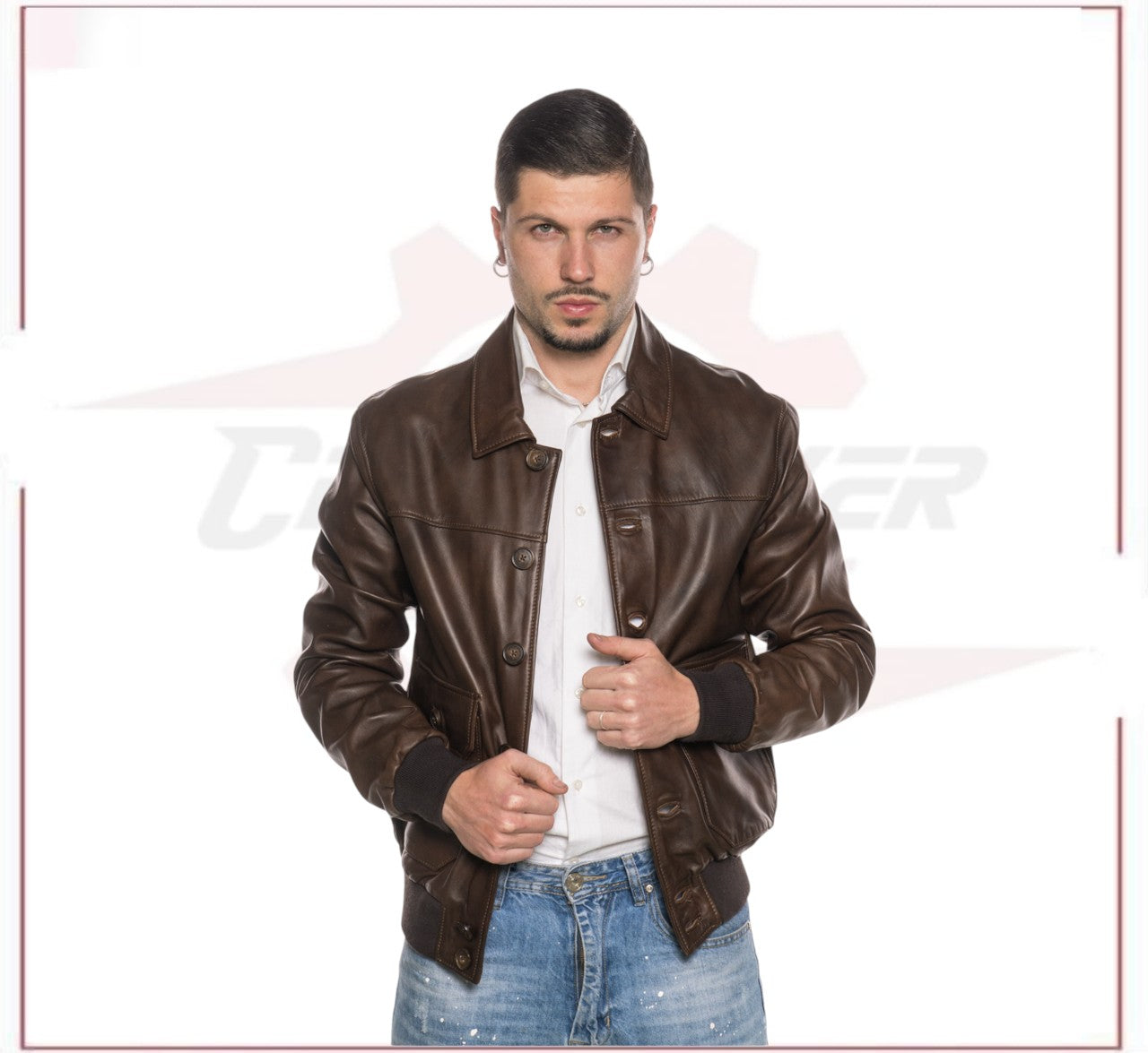 U03 - Men's Bomber Jacket in Genuine Dark Brown Leather CROSSOVER RACEWEARS