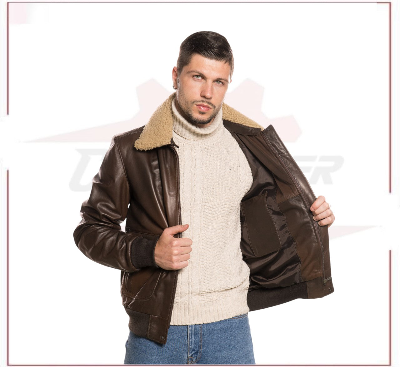 Pilota - Men's Bomber Jacket in Genuine Dark Brown Leather with Real Brown Shearling Collar CROSSOVER RACEWEARS