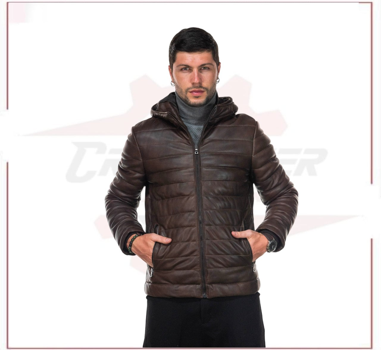 Rio - Men's Down Jacket in Genuine Dark Brown Leather CROSSOVER RACEWEARS