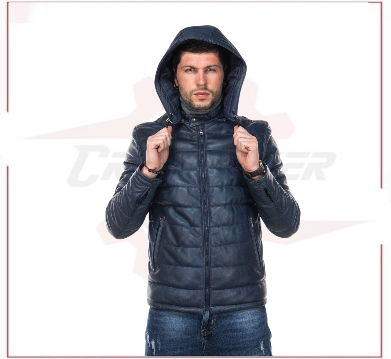Berlino - Men's Down Jacket in Genuine Blue Leather CROSSOVER RACEWEARS