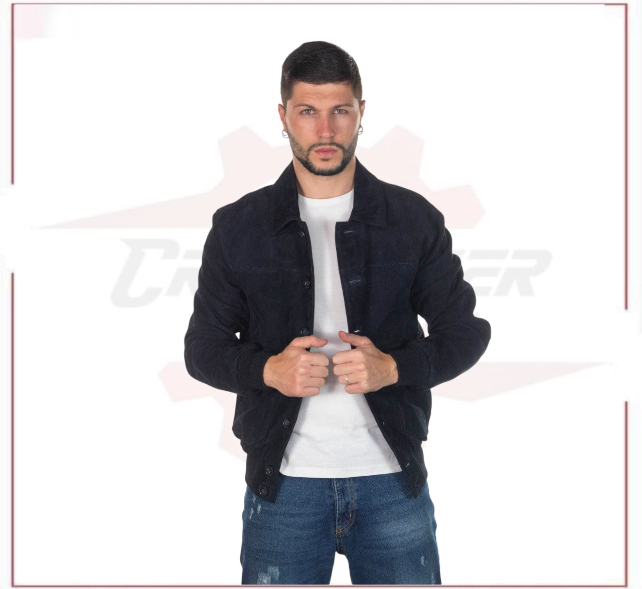 U03 - Men's Bomber Jacket in Genuine Blue Suede Leather CROSSOVER RACEWEARS