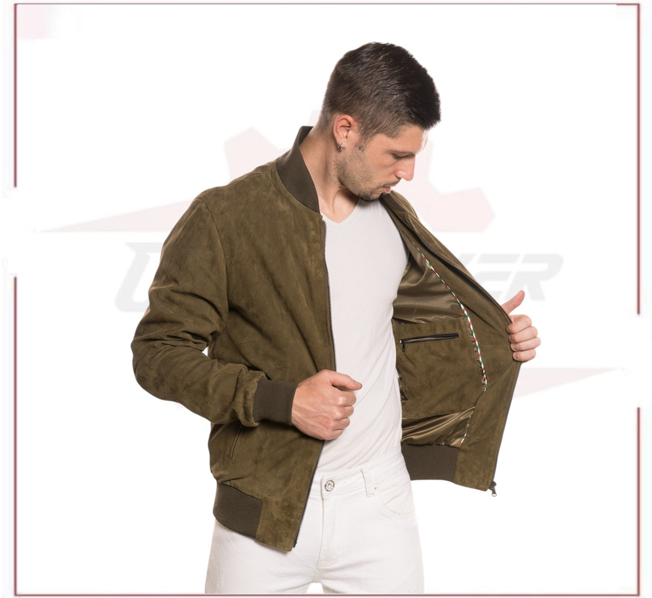 David - Men's Bomber Jacket in Genuine Light Green Suede Leather CROSSOVER RACEWEARS