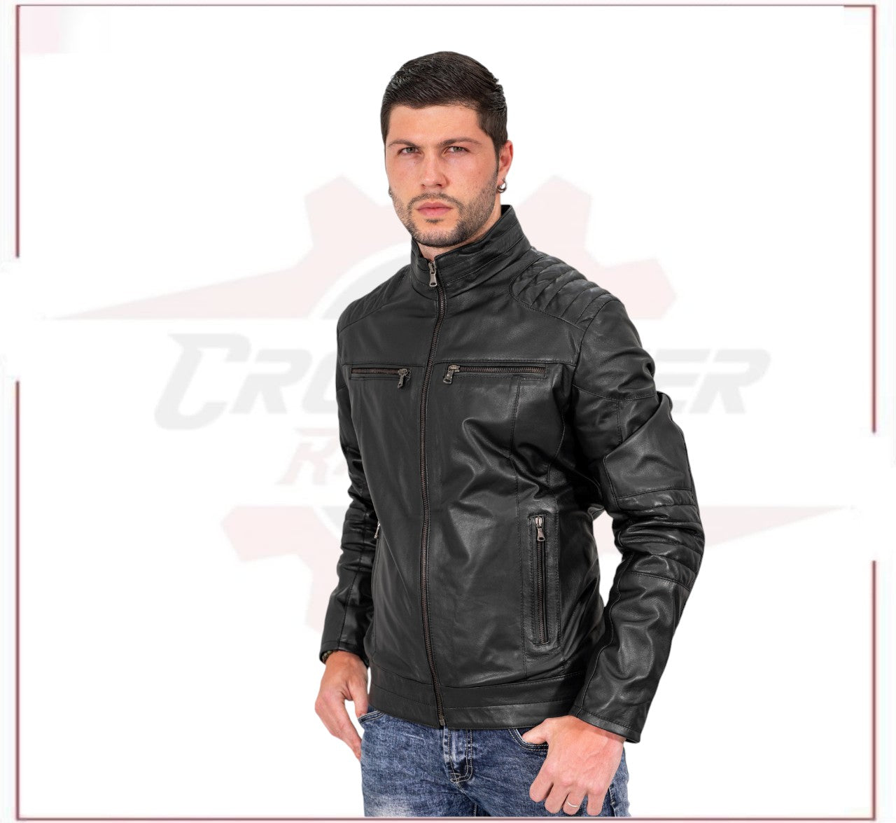 Attila - Men's Biker Jacket in Genuine Black Leather CROSSOVER RACEWEARS