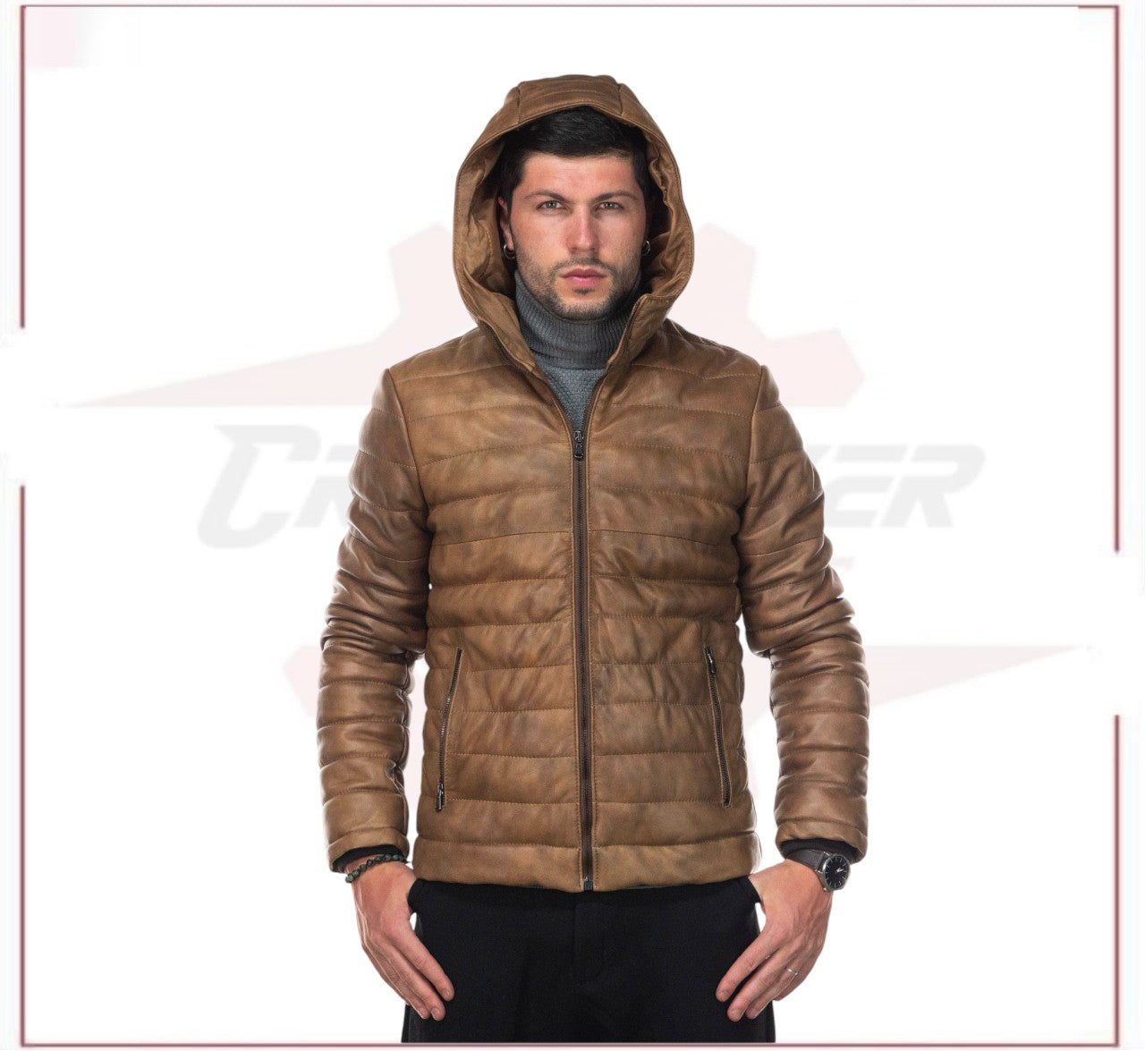 Rio - Men's Down Jacket in Genuine Brown Leather CROSSOVER RACEWEARS