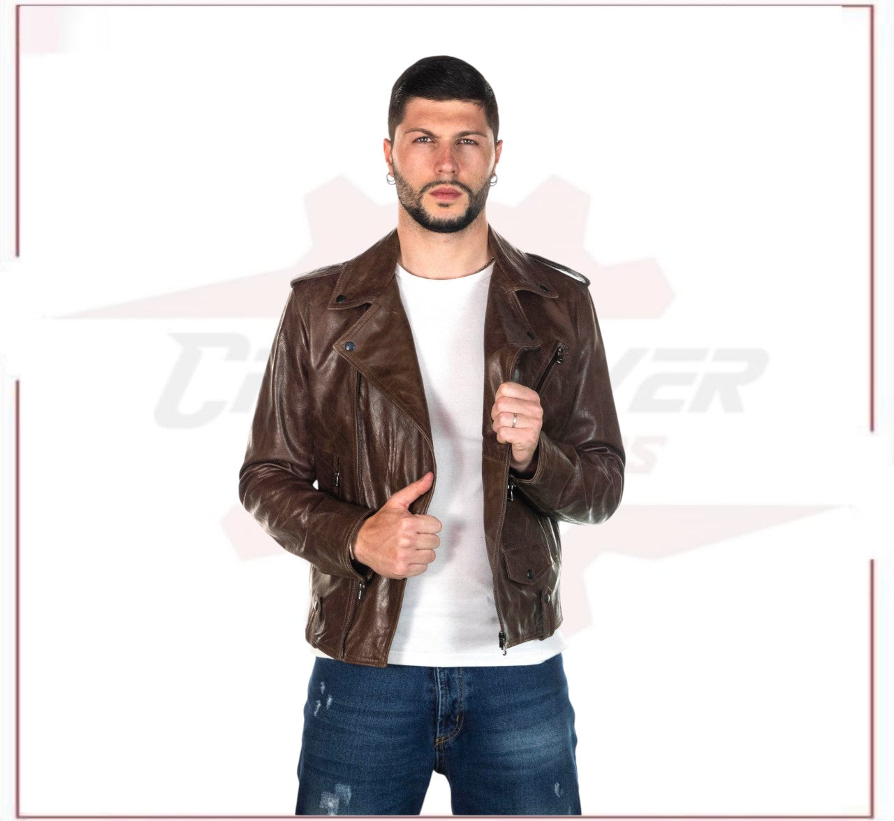 Men's Jacket in Genuine Dark Brown Oil Vintage Leather CROSSOVER RACEWEARS